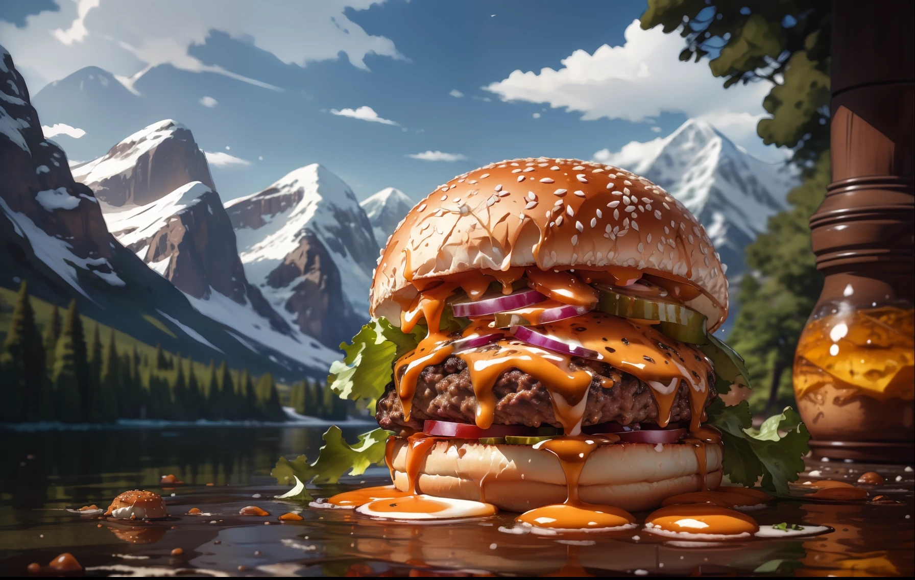 (Obra de arte, qualidade máxima, melhor qualidade, bonito e estético:1.2), extremamente detalhado, mais detalhado,Hamburger,foto de hambúrguer,  fundo branco, cenário, tinta, montanhas, água, árvores