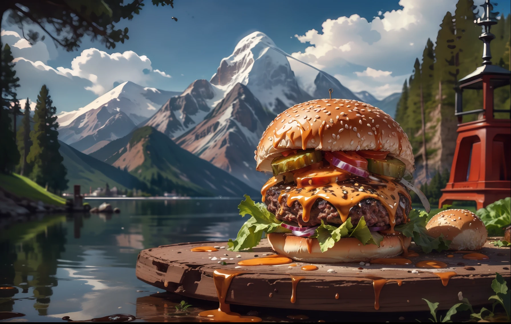 (Obra maestra, Calidad superior, mejor calidad, hermoso y estetico:1.2), extremadamente detallado, más detallado,Humburger,foto de hamburguesa,  Fondo blanco, escenario, tinta, montañas, agua, árboles