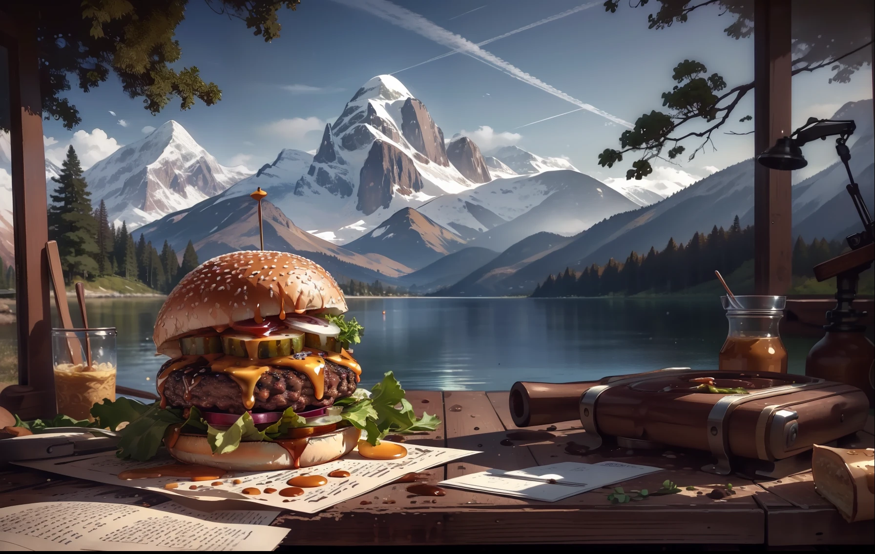 (Meisterwerk, Top Qualität, beste Qualität, schön und ästhetisch:1.2), extrem detailliert, höchste Detailliertheit,humburger,Burger-Foto,  weißer Hintergrund, Landschaft, ink, Berge, Wasser, Bäume