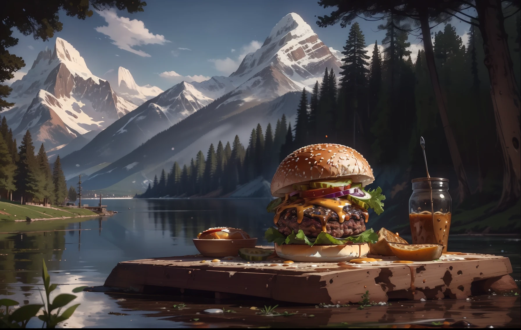 (chef-d&#39;œuvre, qualité supérieure, Meilleure qualité, beau et esthétique:1.2), extrêmement détaillé, le plus détaillé,Humburger,photo de hamburger,  fond blanc, paysage, encre, Montagnes, eau, des arbres