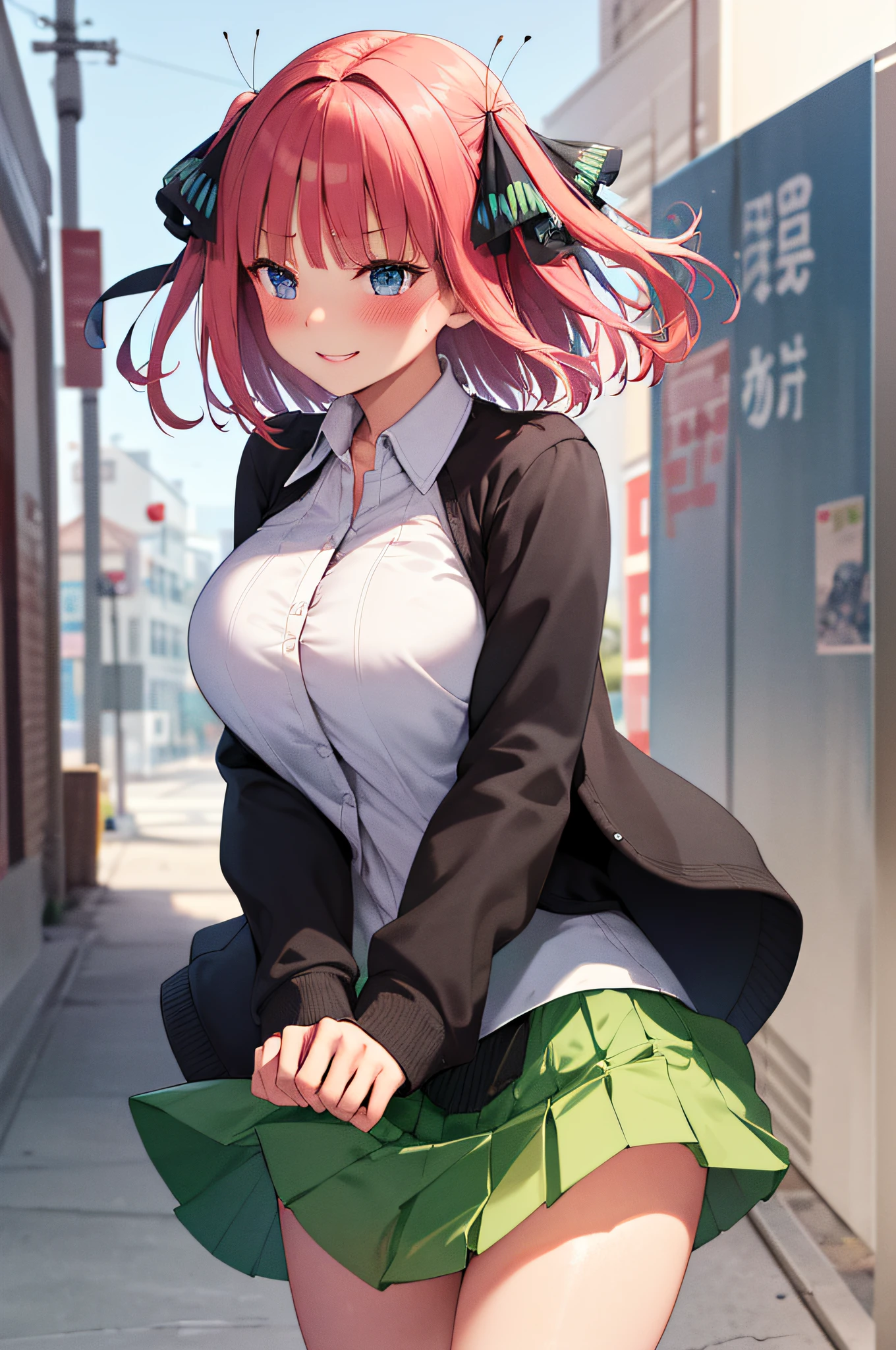 Masterpiece, Best Quality, Hi-Res, nn1, 1girl, Hair Ribbon, Short Hair, Green Skirt, White Shirt, Black Cardigan, Open Clothing, Long Sleeve, High Contrast Glossy Oily Skin, Huge Long, Naughty Big, Big Emphasis, White Underwear, (wind, Wind lift, Skirt that lifts in the wind, Skirt that curls up in the wind, Skirt flutters: 1.5), ( Panties Fully Exposed: 1.5), White Ribbed Panties: 1.5, (Standing: 1.7), Blushing, Embarrassing, Big, Smile