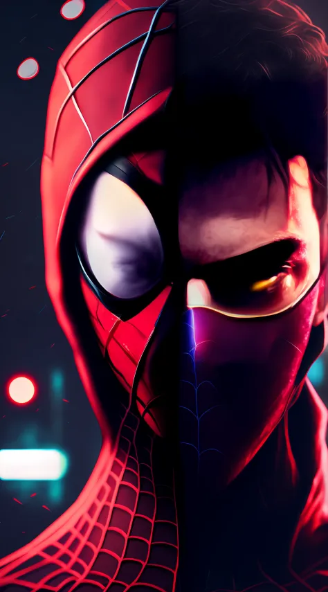 Half Face Spider-Man, Half Face Peter Parker, Cyberpunk, Hood, 8K.