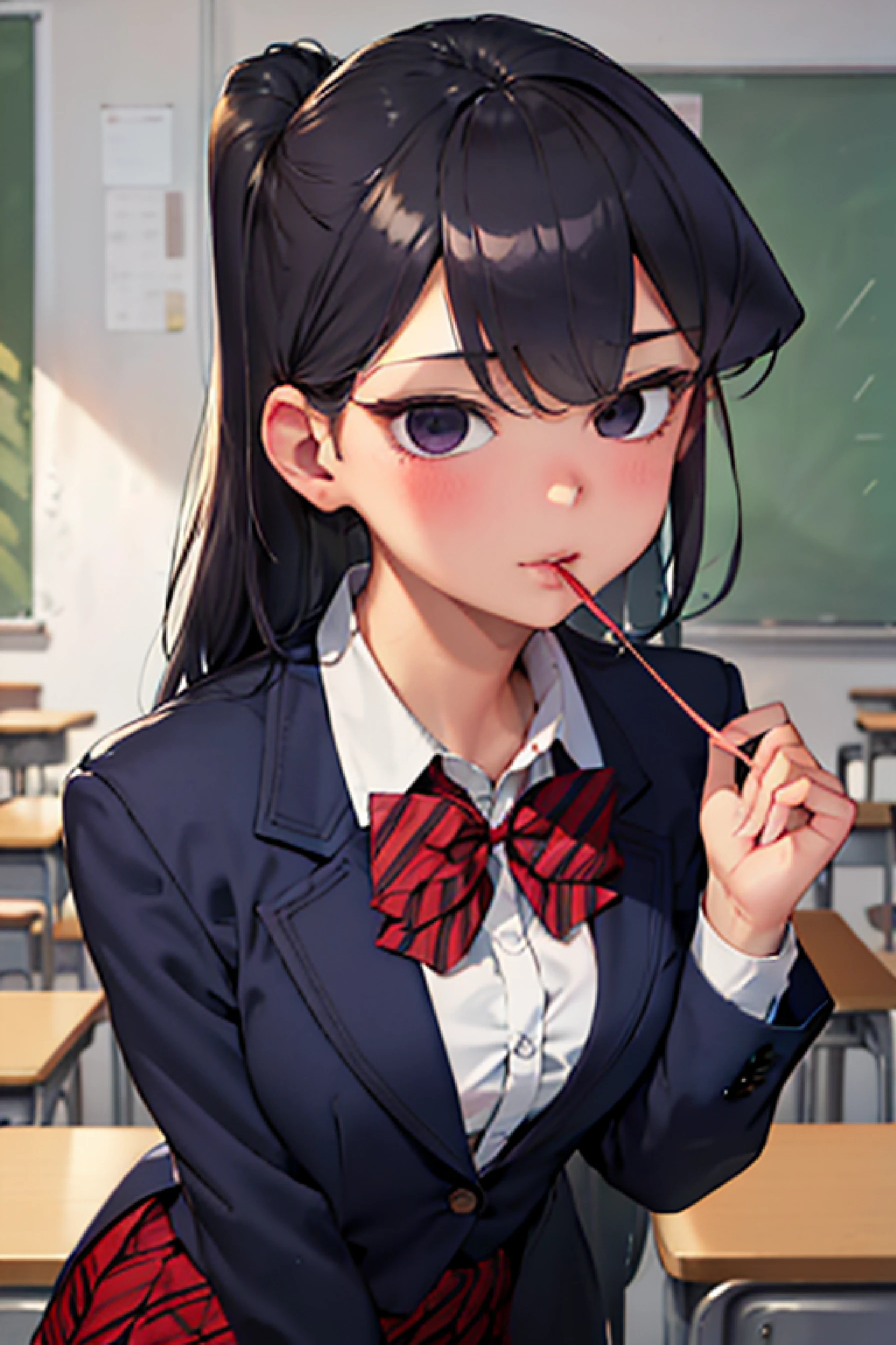 4k, raw camera, highres, masterpiece, portrait, aesthetic, beautiful, best quality, highly detaile, best quality clothing, aesthetic clothings, professional angle, rule of thirds, Feminine, delicate, beautiful, 19 years, attractive, solo, 1 girl, ((Komi Shouko)), komi-san wa komyushou desu , (In the Classroom), (Upper body), ((From Front, From Down)), (students in the background), ((Very shy)), (Long Hair, purple Hair, Very Straight Hair, - Hair, - in hair), (Open Eyes, black Eyes, Black Eyelinerin Eyes, expressionlesz gaze), Soft skin, (Blushed), ((Standing, Leaning forward)), - , - , - , (closed mouth,), (Natural Lips), (Average Bust), ((hands in heart)), (School White Shirt) , (blue blazer) - , - Shirt, Skirt red and blue Plaid, black pantyhouse, Red bowtie, stripped bow, Clothing), (V Neckline), beautiful body, beautiful eyes, shiny eyes, shiny hair, beautiful mouth, beautiful lips, beautiful face