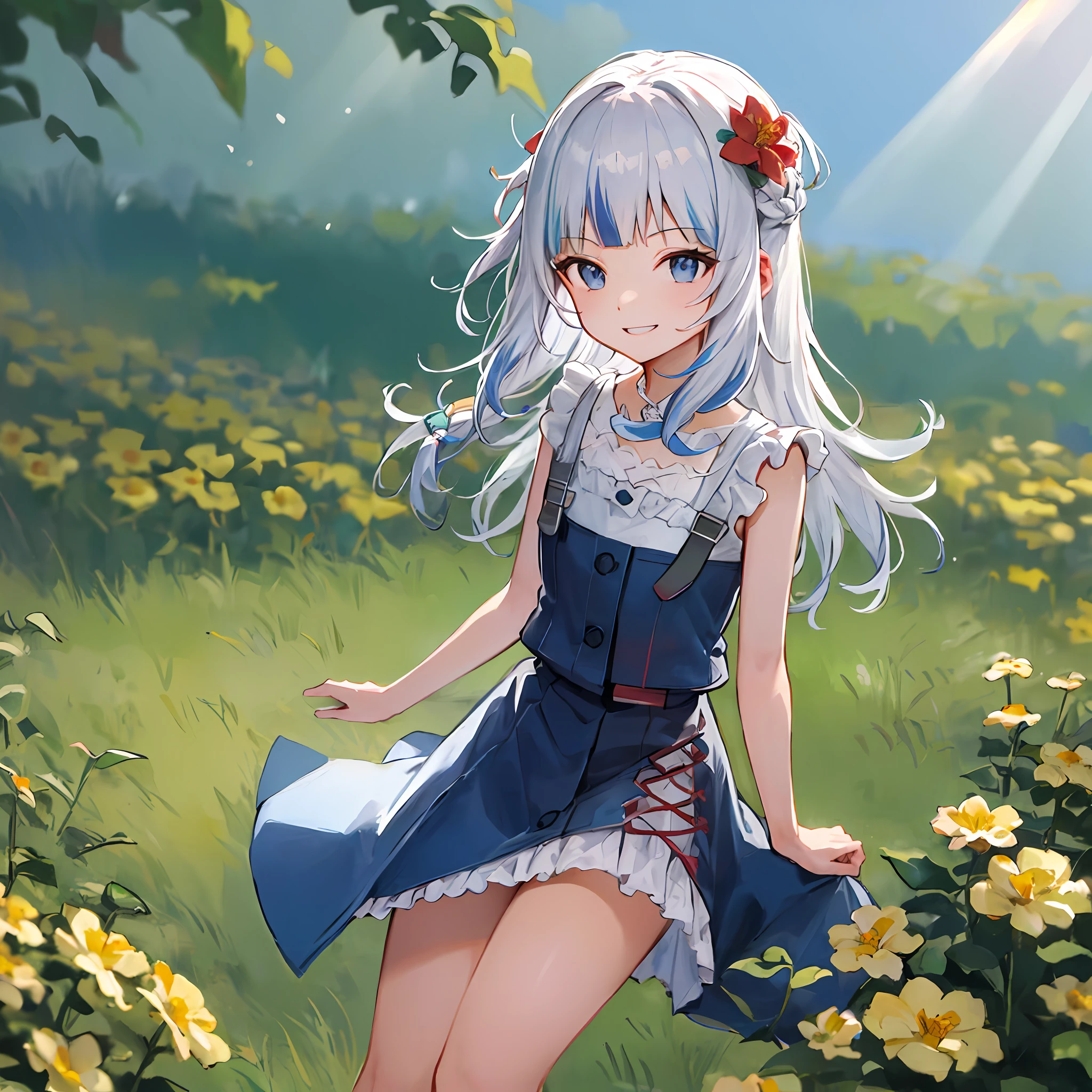 masterpiece, highres, best quality, ultra-detailed, perfect lighting, gawr gura, frill dress, smiling, ((sunlight)), ((flower field)), detailed background