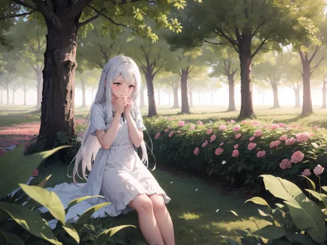 1 girl with long white hair sits in a field of green plants and flowers, puts her hands under her chin, warm lights, white dress...