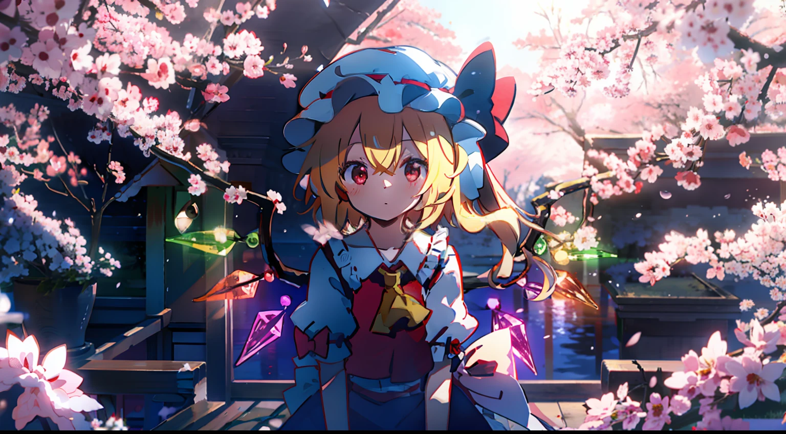 flandre écarlate 1 fille,cheveux blond,casquette de la foule,arc de cheveux,noeud papillon,queue de cheval latérale,ailes,manches courtes,gilet,Ascot,mignon petit、Le cerisier、Blizzard de Sakura、la nuit、chef d&#39;oeuvre、qualité supérieure、Qualité d&#39;image supérieure