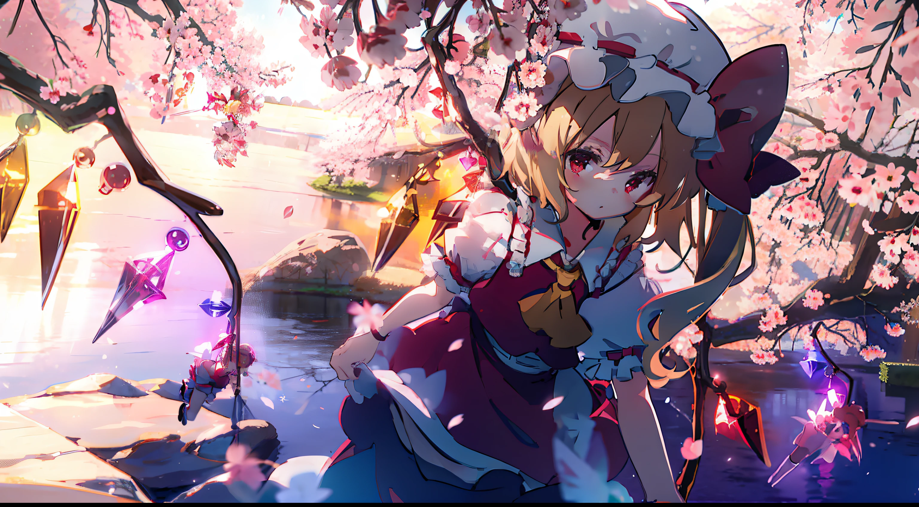 flandre écarlate 1 fille,cheveux blond,casquette de la foule,arc de cheveux,noeud papillon,queue de cheval latérale,ailes,manches courtes,gilet,Ascot,mignon petit、Le cerisier、Blizzard de Sakura、la nuit、chef d&#39;oeuvre、qualité supérieure、Qualité d&#39;image supérieure