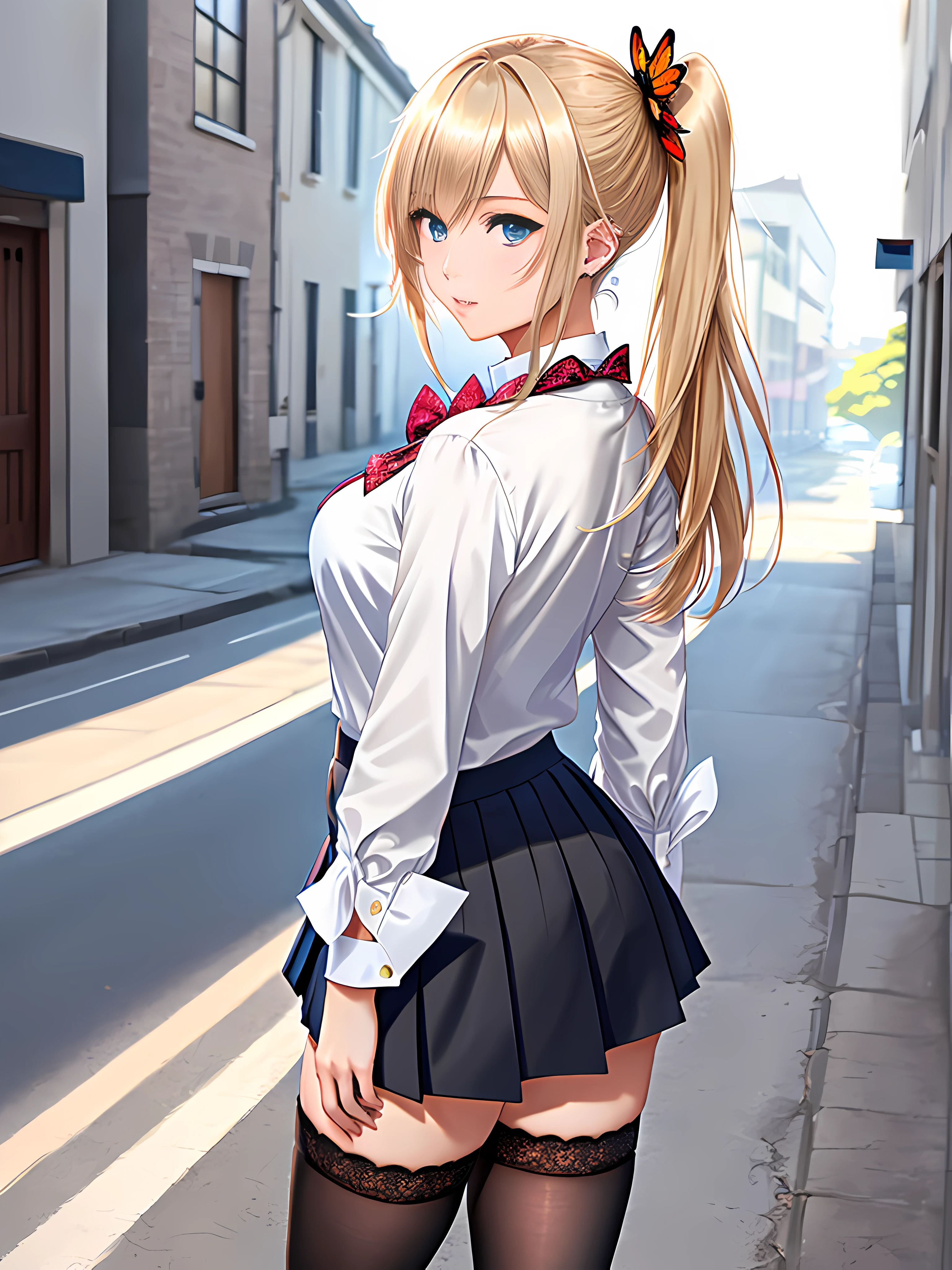 A beautiful blonde girl with blue eyes, walking down the street, the camera focusing on her back, as she looks over her shoulder, long straight hair, thin lips and thin nose, big chest, beautiful gradient, Full body, Beautiful anime style girl, clean detailed facesKawaii, anime girl, dynamic pose, (school uniform: grey V-neck blouse with lace and neckline, black mini-skirt with pleats and butterfly patterns, white knee-high stockings with diamond patterns, red bow tie), massive chest, full body, Uhd digital painting, hyperdetailed triadic colors, unreal engine, intricate detail, complementary colors, 8k resolution, heavy strokes, dynamic light source