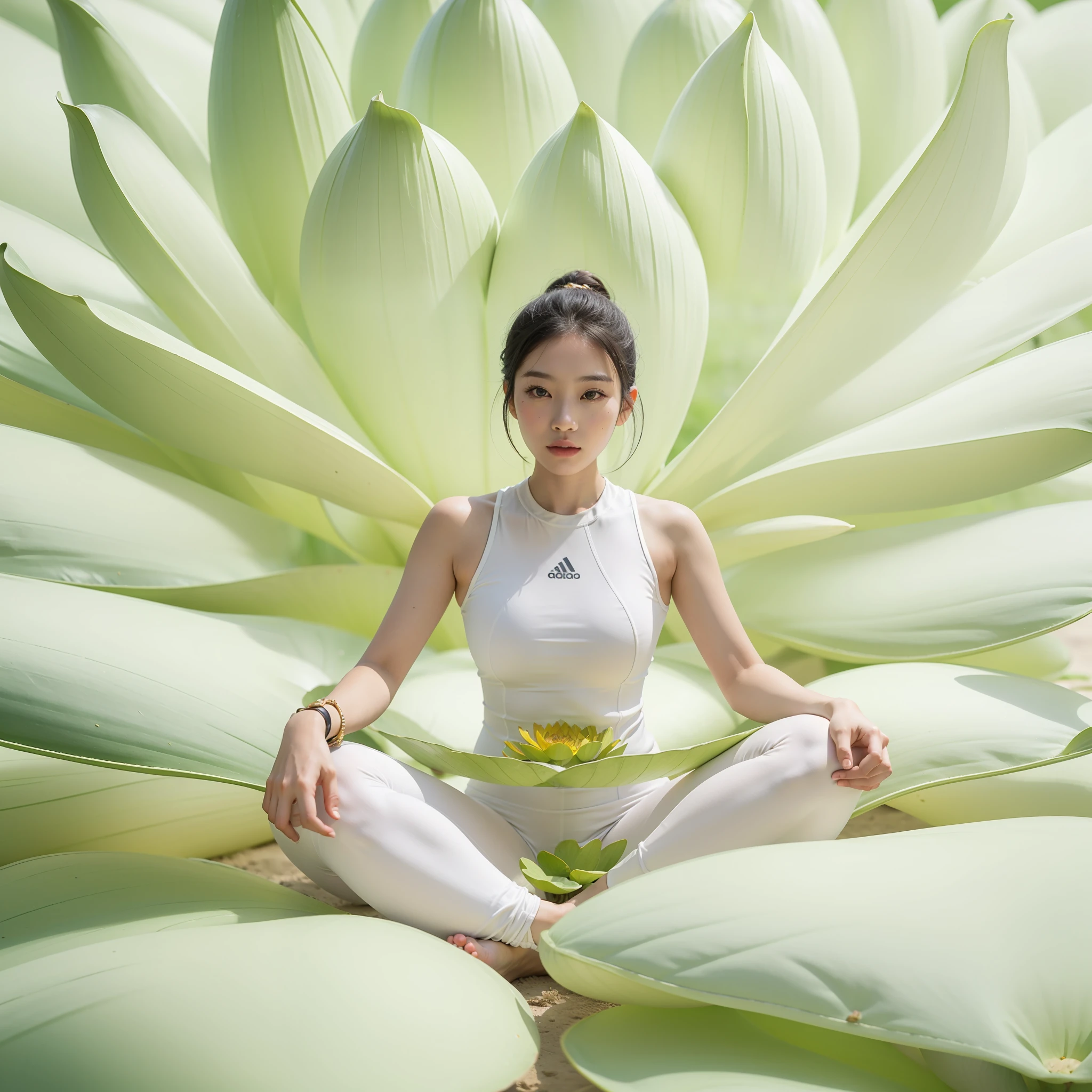 Woman sitting in lotus position in front of large flower - SeaArt AI