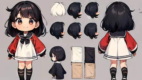 ((masterpiece)),(((best quality))),(character design sheet,same character,front,side,back), 1girl, 3 years old, solo, chibi, black hair, black eyes, looking at around, full body, 100cm tall, detailed, smiling, black sailor outfit with short shorts, red ros...
