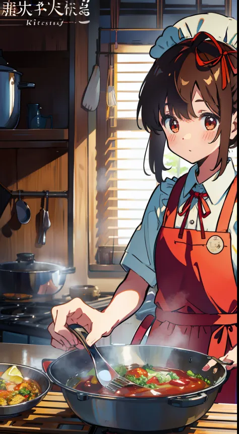 One girl、kitchin、cooking a、​masterpiece、Top image quality、top-quality、cute little、Brown hair、One knot、poneyTail、Red ribbon on he...