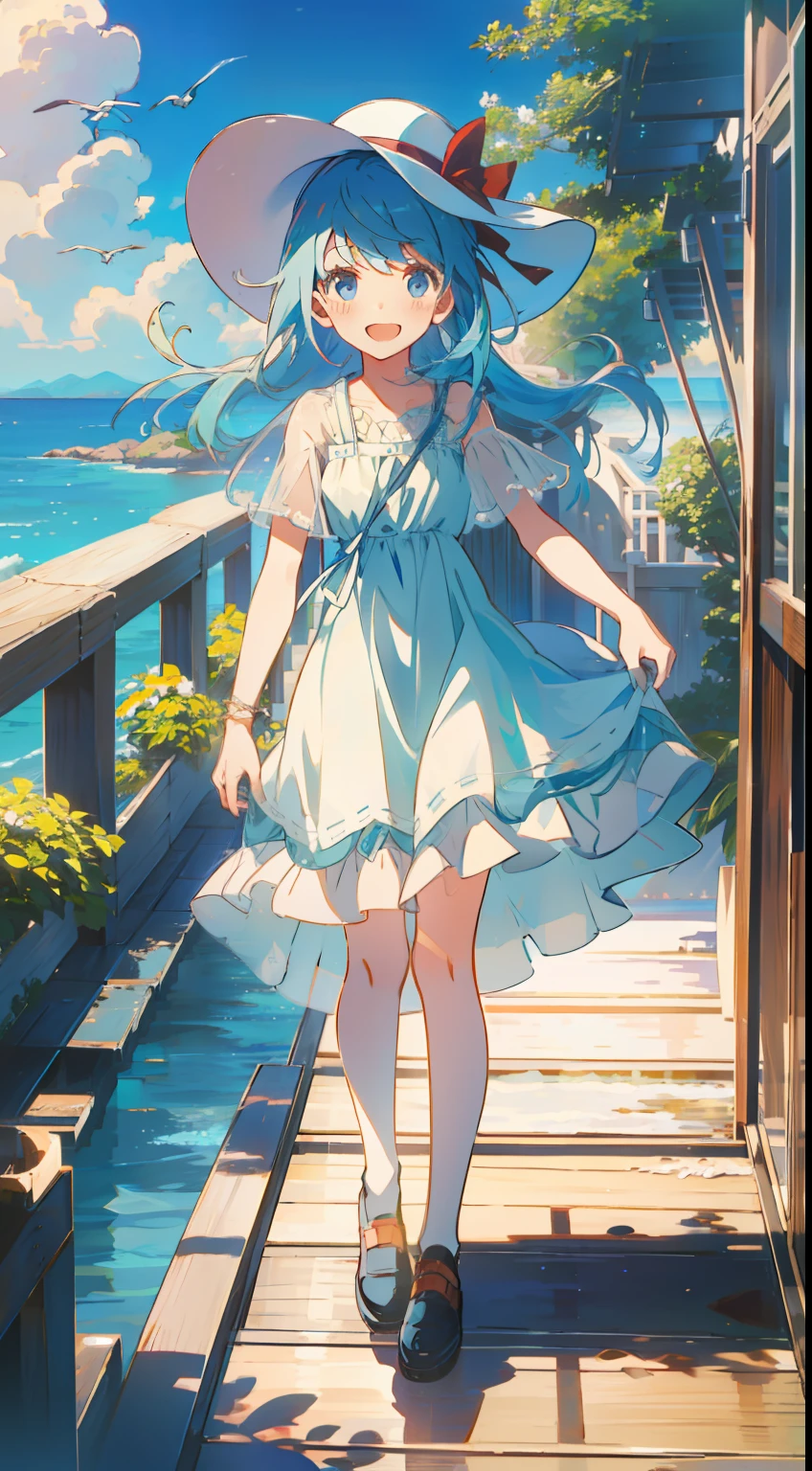 sea side、full body Esbian、elementary student、​masterpiece、top-quality、Top image quality、One girl、beautiful ocean、blue-sky、Laugh、lightblue hair、light blue  eyes、summer  dress、long-brimmed hat