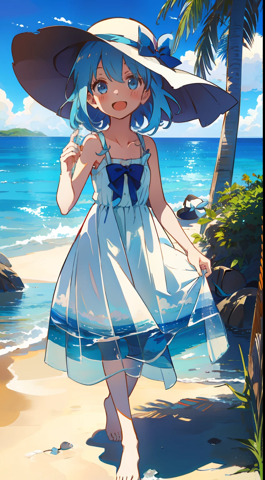 sea side、full body Esbian、elementary student、​masterpiece、top-quality、Top image quality、One girl、beautiful ocean、blue-sky、Laugh、lightblue hair、light blue  eyes、summer  dress、long-brimmed hat