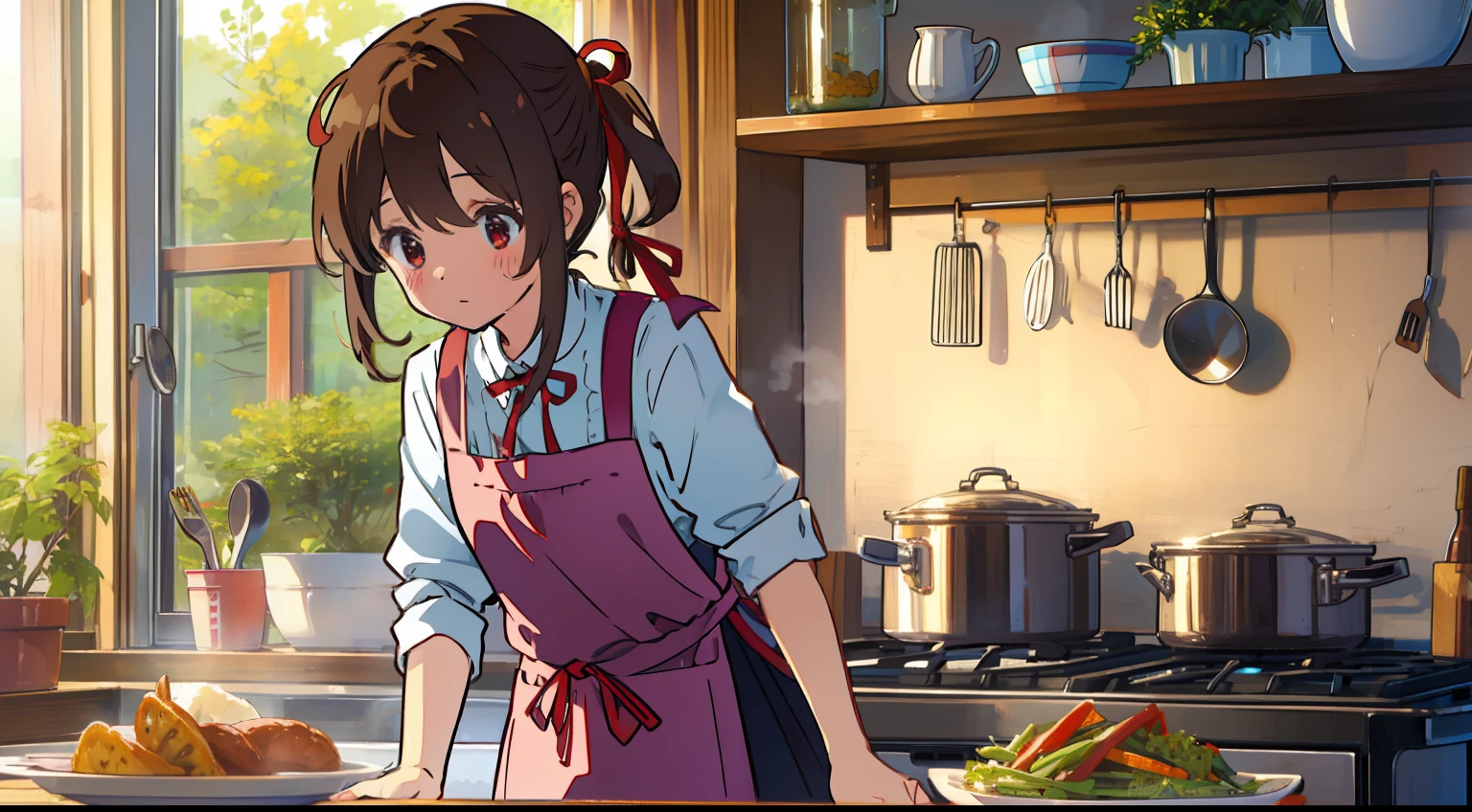 Una chica、cocina、cocinar un、​obra maestra、Calidad de imagen superior、de primera calidad、pequeño lindo、Pelo castaño、un nudo、poneyTail、Cinta roja en la cabeza、Delantal doméstico、