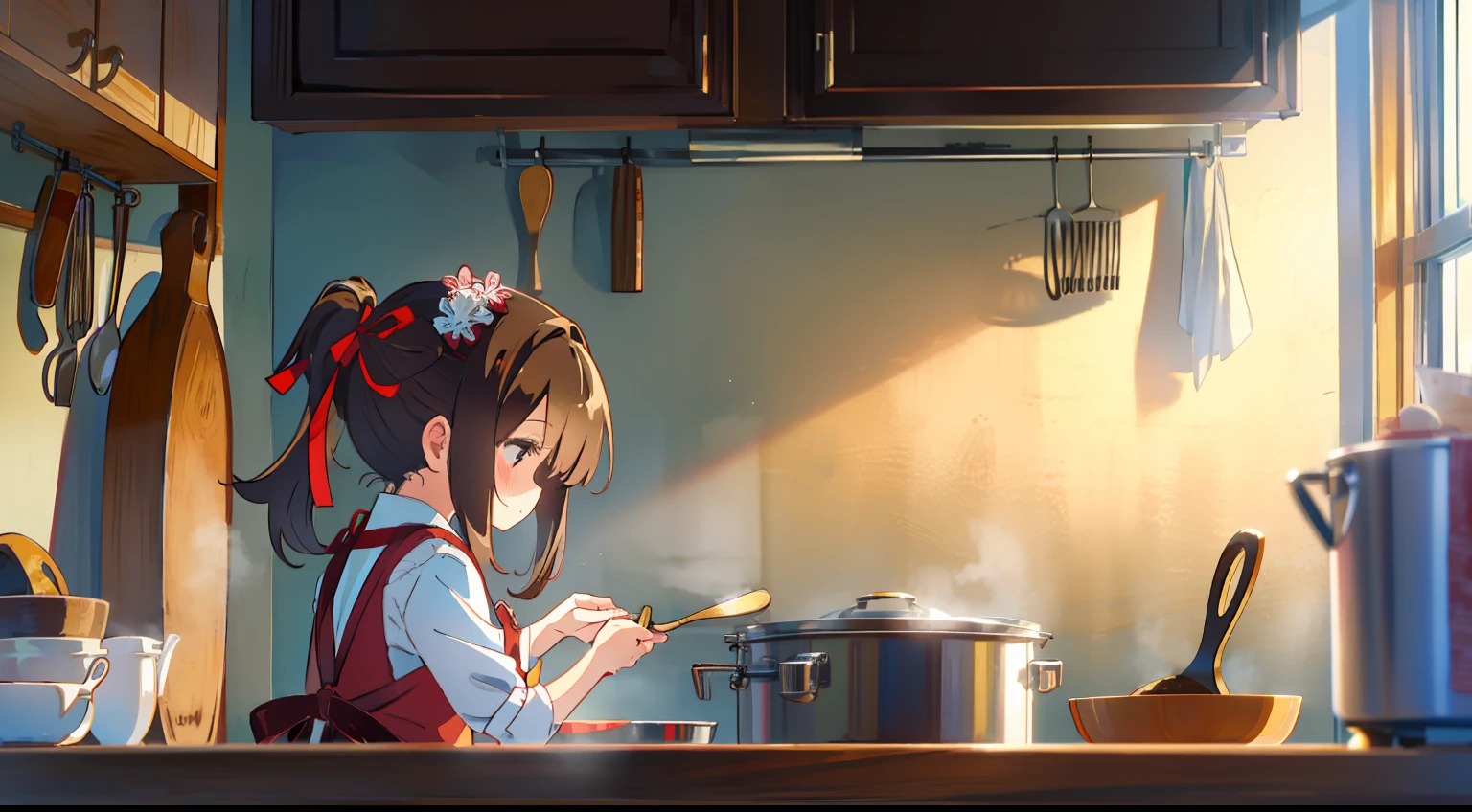 One girl、kitchin、cooking a、​masterpiece、Top image quality、top-quality、cute little、Brown hair、One knot、poneyTail、Red ribbon on head、Household apron、