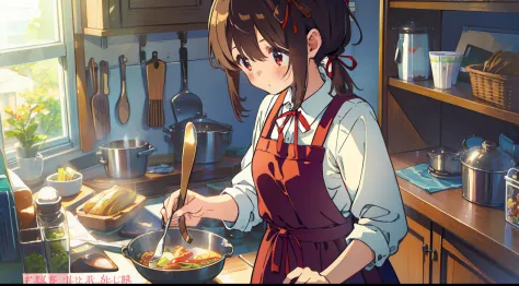 One girl、kitchin、cooking a、​masterpiece、Top image quality、top-quality、cute little、Brown hair、One knot、poneyTail、Red ribbon on he...