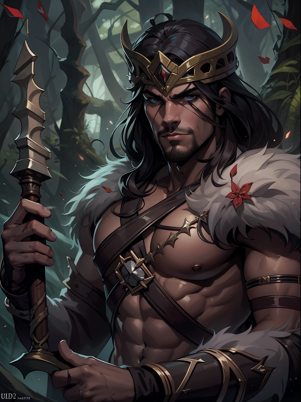 Jogo de cartas, A barbarian prince from a bloody forest, no expression, intensidade de close-up, master part, best quality, ultra-detalhado, beautiful cinematic lighting, detalhes intrincados, Olhando para o Viewer, Profundidade de campo-AR 2:3-s 200