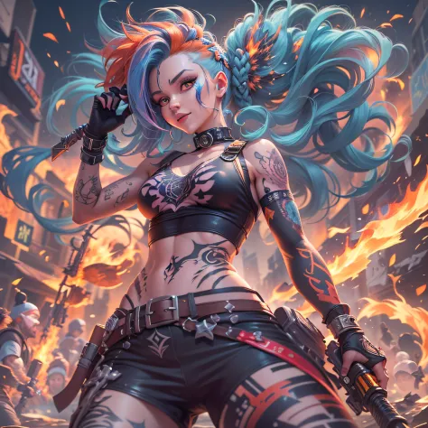 ((Masterpiece, Best Quality, Ultra Detailed)), ((Anime Artstyle)), Solo, Full Body, Dynamic Pose, Jinx from League of Legends, Blue Hair, Braided Pigtails, Bright Eyes, Detailed Face, Looking at Viewer, (Weapons: Fishbones, Pow-Pow, and Zapper), Tattoos, P...