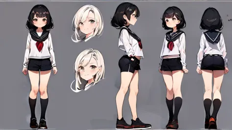 ((masterpiece)),(((best quality))),(character design sheet,same character,front,side,back), 1girl, 3 years old, solo, chibi, black hair, black eyes, looking at around, full body, 100cm tall, detailed, smiling, black sailor outfit with short shorts, red ros...