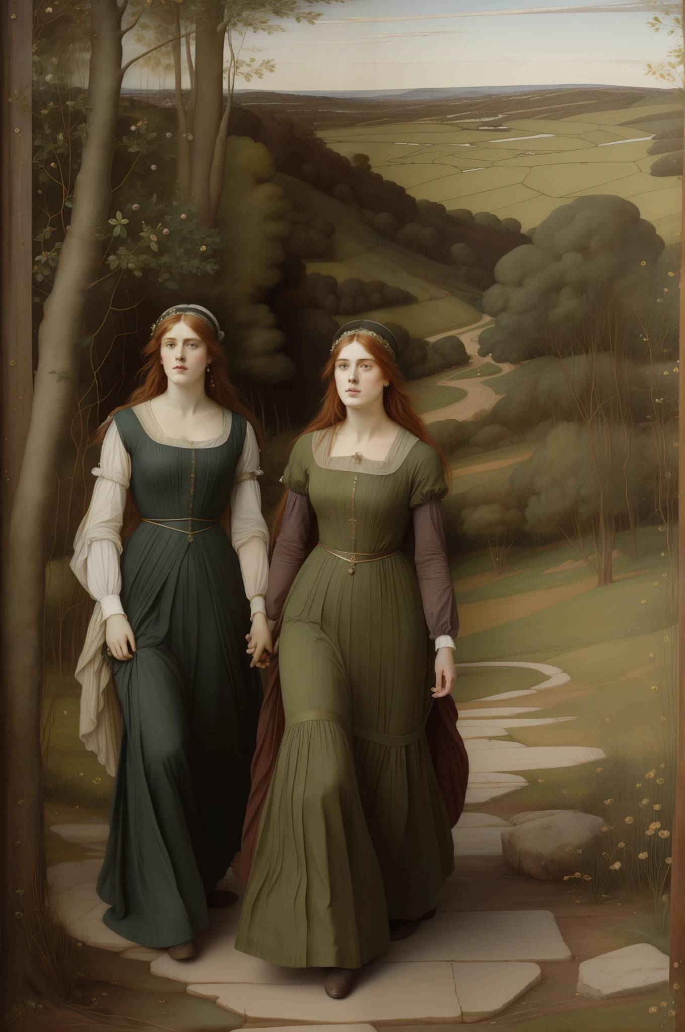 "(((Pre-Raphaelite painting))), mulheres celtas fiando e tecendo, roupas xadrez, paisagem celta, tons outonais, destaque para um grande freixo, mulheres medievais, tecer, fiar, celta, mulheres difetentes, freixo, freixo, ash tree"