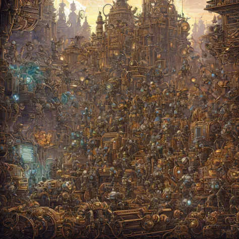 a drawing of a bunch of robots and people, highly detailed cover art, insanely intricate, exceedingly insanely intricate, insane...