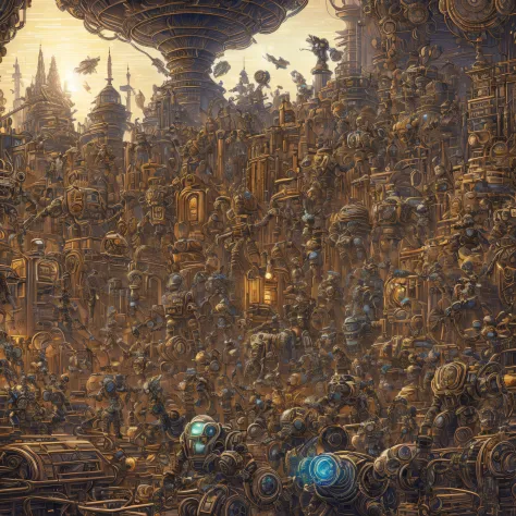 a drawing of a bunch of robots and people, highly detailed cover art, insanely intricate, exceedingly insanely intricate, insane...