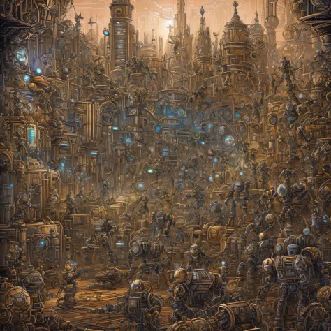 a drawing of a bunch of robots and people, highly detailed cover art, insanely intricate, exceedingly insanely intricate, insane...