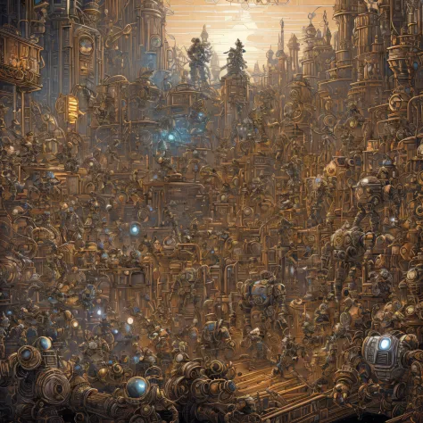 a drawing of a bunch of robots and people, highly detailed cover art, insanely intricate, exceedingly insanely intricate, insane...