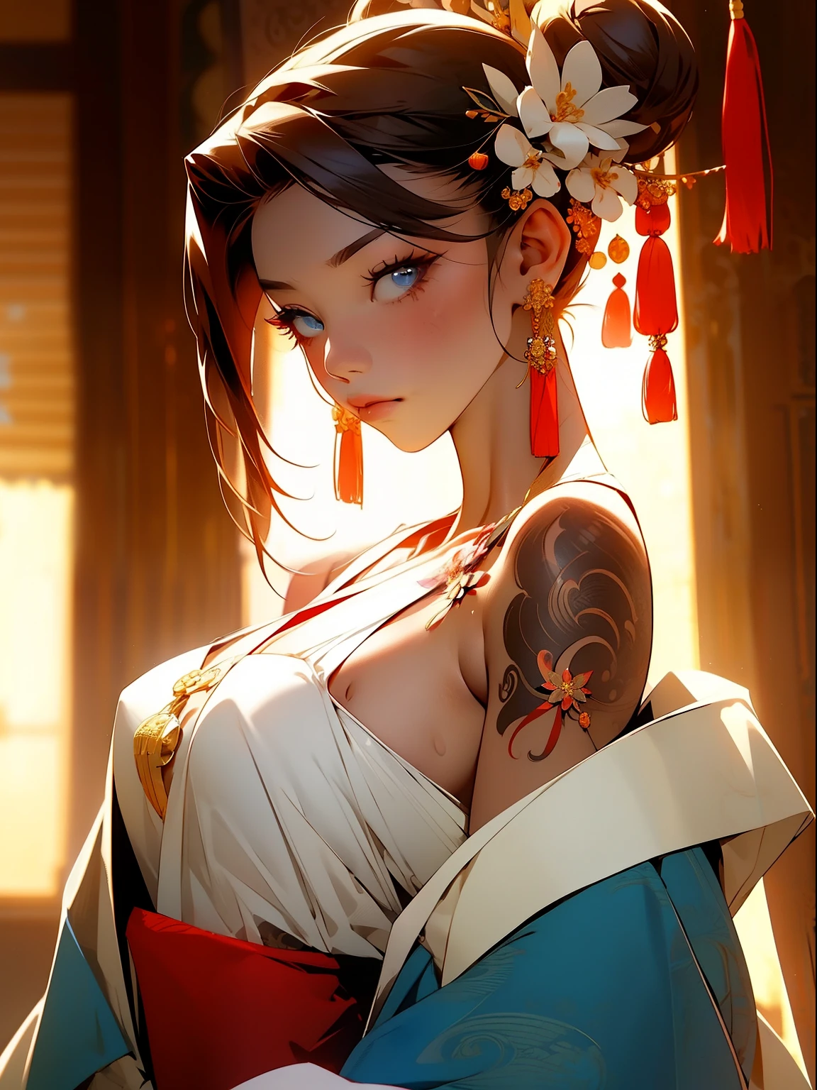 （masterpiece best quality：1.4），1girll， （Chinese text tattoo：1.5）， solo， hair flower， long whitr hair， eBlue eyes， looking at viewert， mediuml breasts， Tattooed with， brunette color hair， nipple tassels， exposed bare shoulders， By bangs， 耳Nipple Ring， inside in room， nape， cropped shoulders， jewely， eyeslashes， cparted lips， contours， hair-bun， nipple piercing， single hair bun，Japanese-style family environment