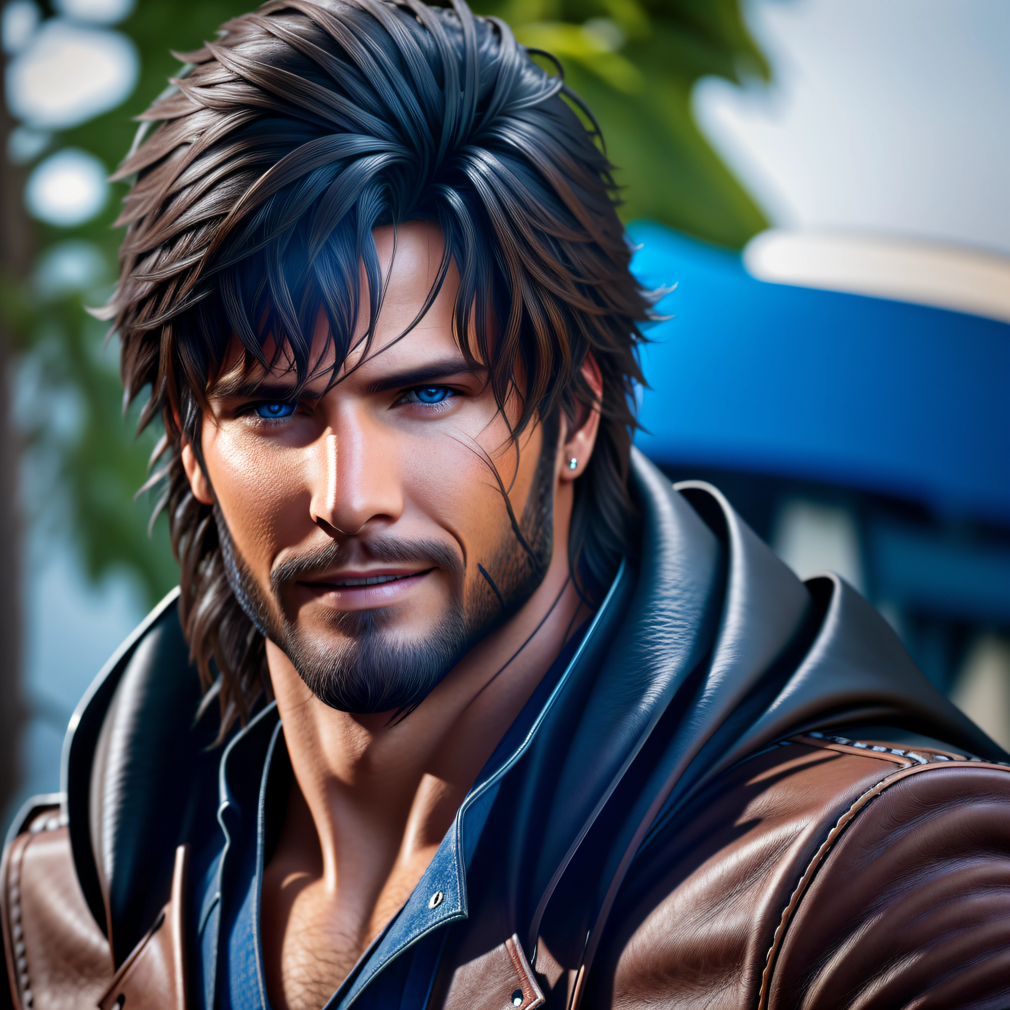 Ultra realistic handsome man looking into camera gently smiling dark brown hair blue eyes brown beard black leather jacket portrait highly detailed  sharp focus ultra clarity 32k resolution natural looking life like photo realistic, hyper detailed, hyper realistic, best quality