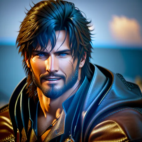 Ultra realistic handsome man looking into camera gently smiling dark brown hair blue eyes brown beard black leather jacket portr...