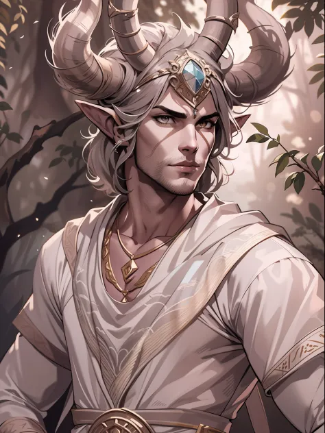 D&D drawing, a very handsome faun druid with white eyes and a tunic with an acacia tree pattern, expression loyal, close-up inte...