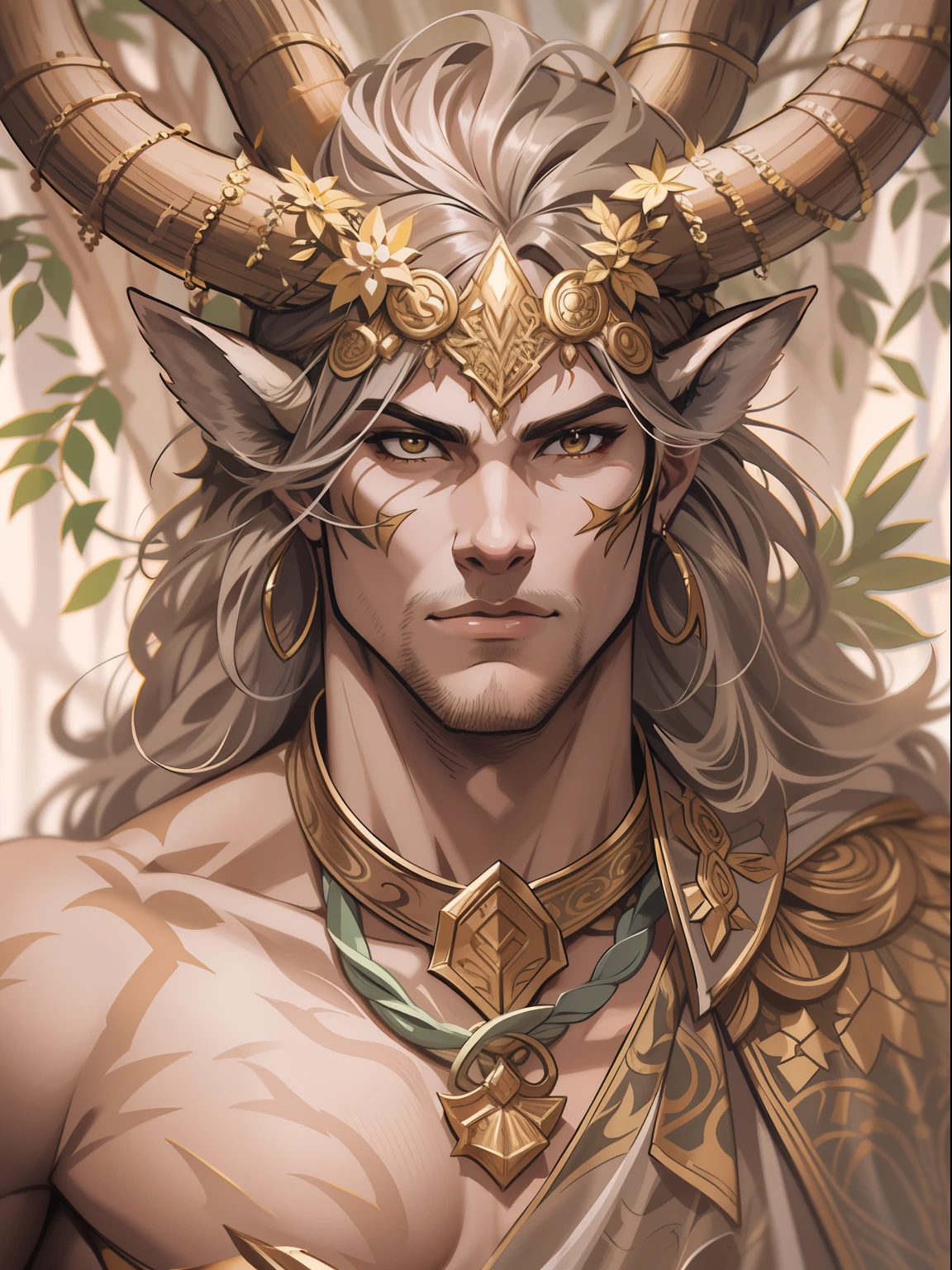 D&D drawing, a very handsome faun druid with white eyes and a tunic with an acacia tree pattern, expression loyal, close-up intensity, masterpiece, best quality, ultra-detailed, cinematic beautiful lighting, intricate details, looking at viewer, depth of field-ar 2:3-s 200