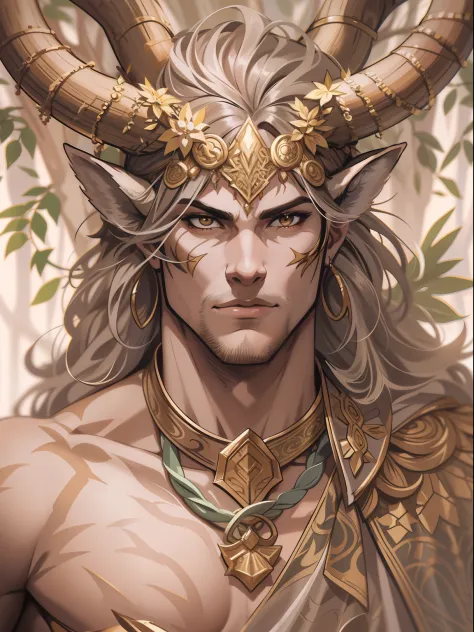 D&D drawing, a very handsome faun druid with white eyes and a tunic with an acacia tree pattern, expression loyal, close-up inte...