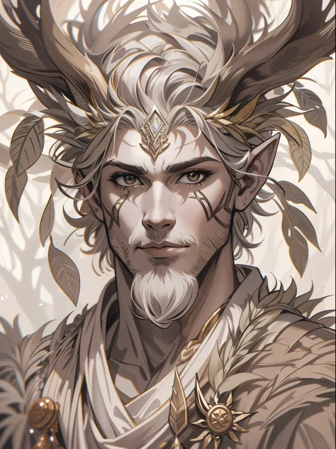 d&d drawing, a very handsome faun druid with white eyes and a tunic with an acacia tree pattern, expression loyal, close-up inte...