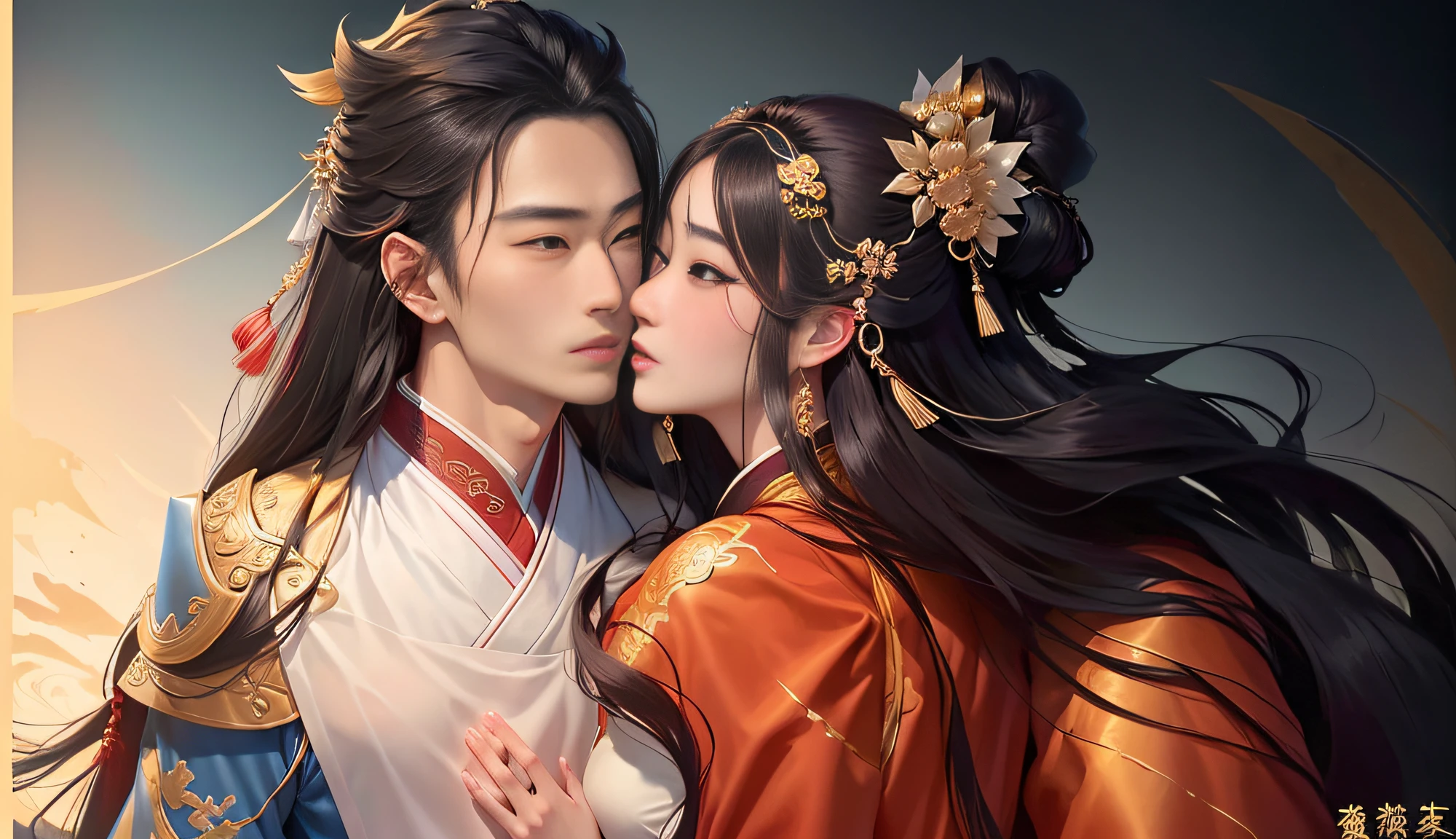 couple， Chinese style, Ancient style, Handsome guys, Handsome men, Meticulous brushstrokes, Affectionately look at women's masterpieces，Anime couple in traditional costumes，Long hair and blue dress, flowing hair and long robes, in the art style of bowater, Inspired by Seki Dosheng, xianxia fantasy, full-body wuxia, inspired by Ma Yuanyu, Guviz-style artwork, Wuxia, by Yang J, boy girl traditional romance