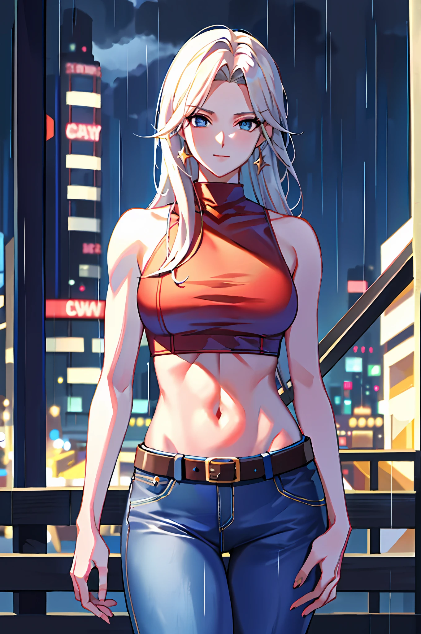 maryms, Best Quality,(beauty), 1girl,phisically-based render ,ultra highres,(cowboy shot:1.5),narrow waist, skinny, LeonaMS ,muscular, big blue eyes,long legs,jeans,leather belt,small breasts,puffy eyes, leather belt,(rainy city), shiny skin, facing viewer, Victory posture,