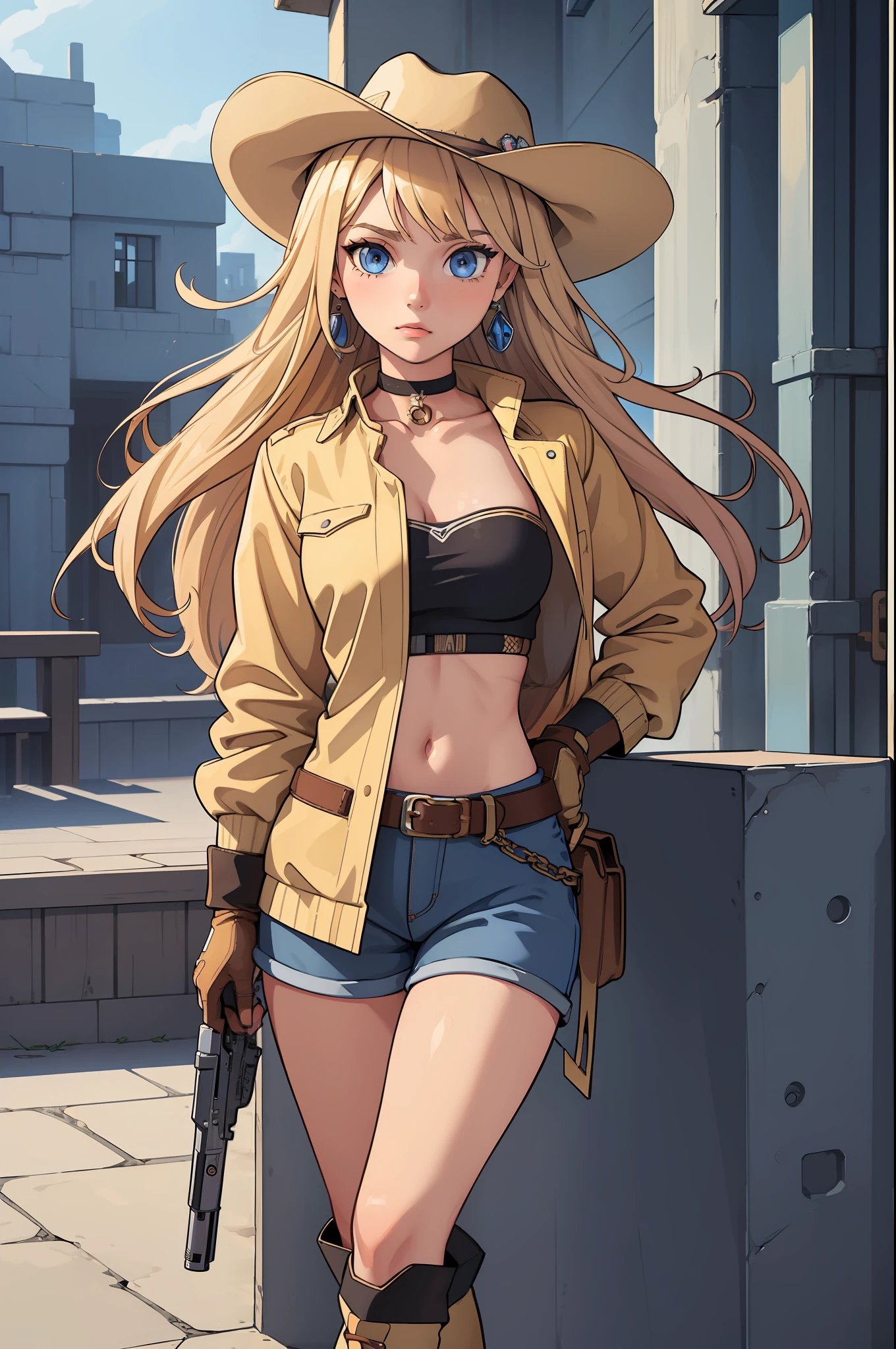 ((masterpiece)), ((high quality)), ((high res)), 1girl, blonde_hair, blue_eyes, boots, choker, earrings, gloves, (gun, colt peacemaker), jewelry, long_hair, midriff, solo, standing, thigh_boots, cowgirl, ranch backdrop, day, cowboy hat,