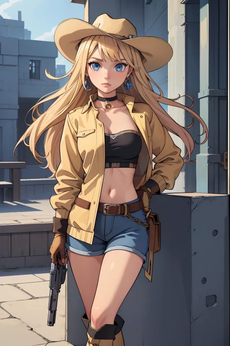 ((masterpiece)), ((high quality)), ((high res)), 1girl, blonde_hair, blue_eyes, boots, choker, earrings, gloves, (gun, colt peac...