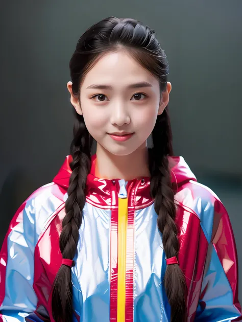 a 17-year-old chinese female high school student，wear a sweatshirt made of bright red and blue pvc