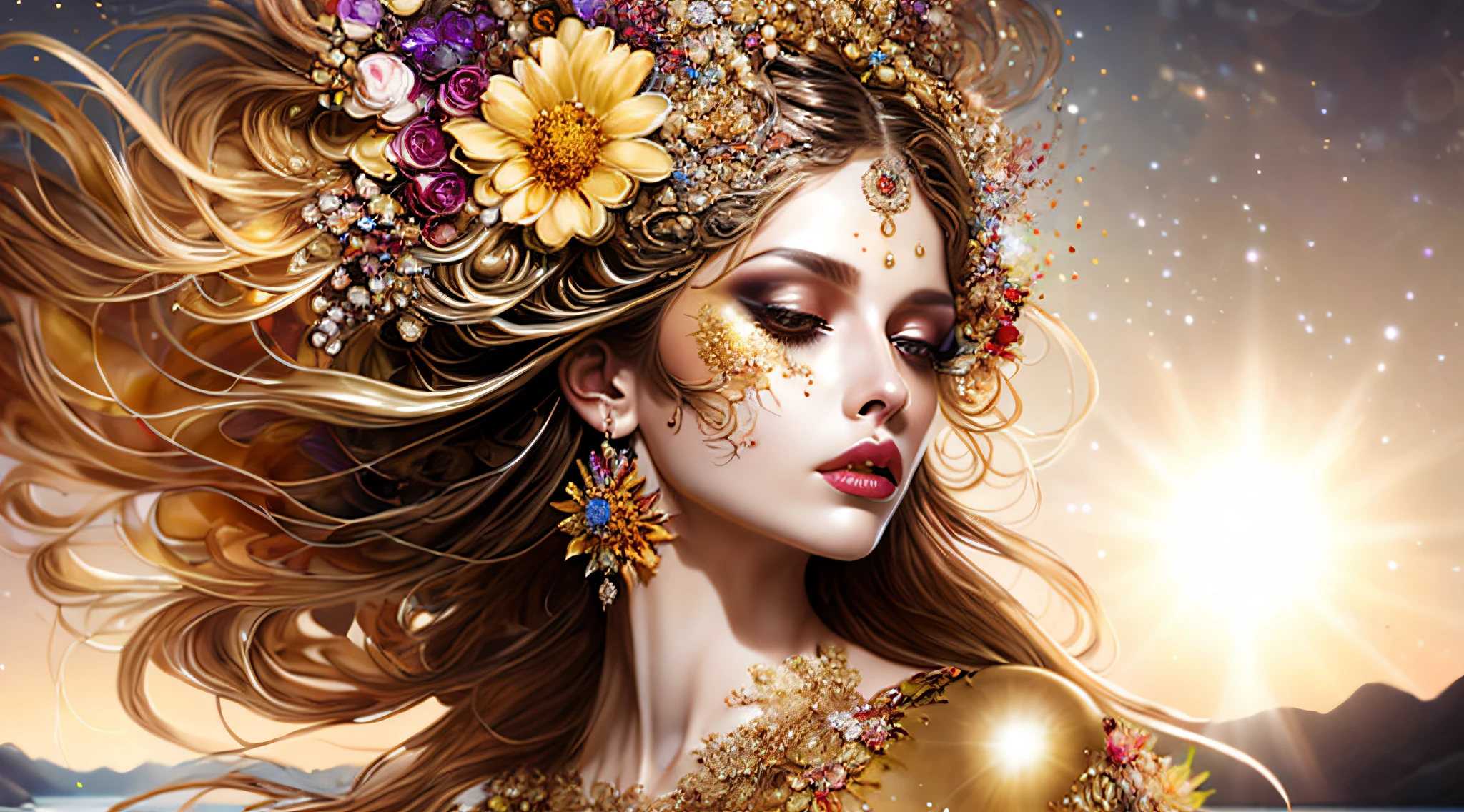 صورة (نمط كسورية المرأة:1) امرأة في ثوب ذهبي, مع الزهور في شعرها, مع وجود الشمس في الخلفية