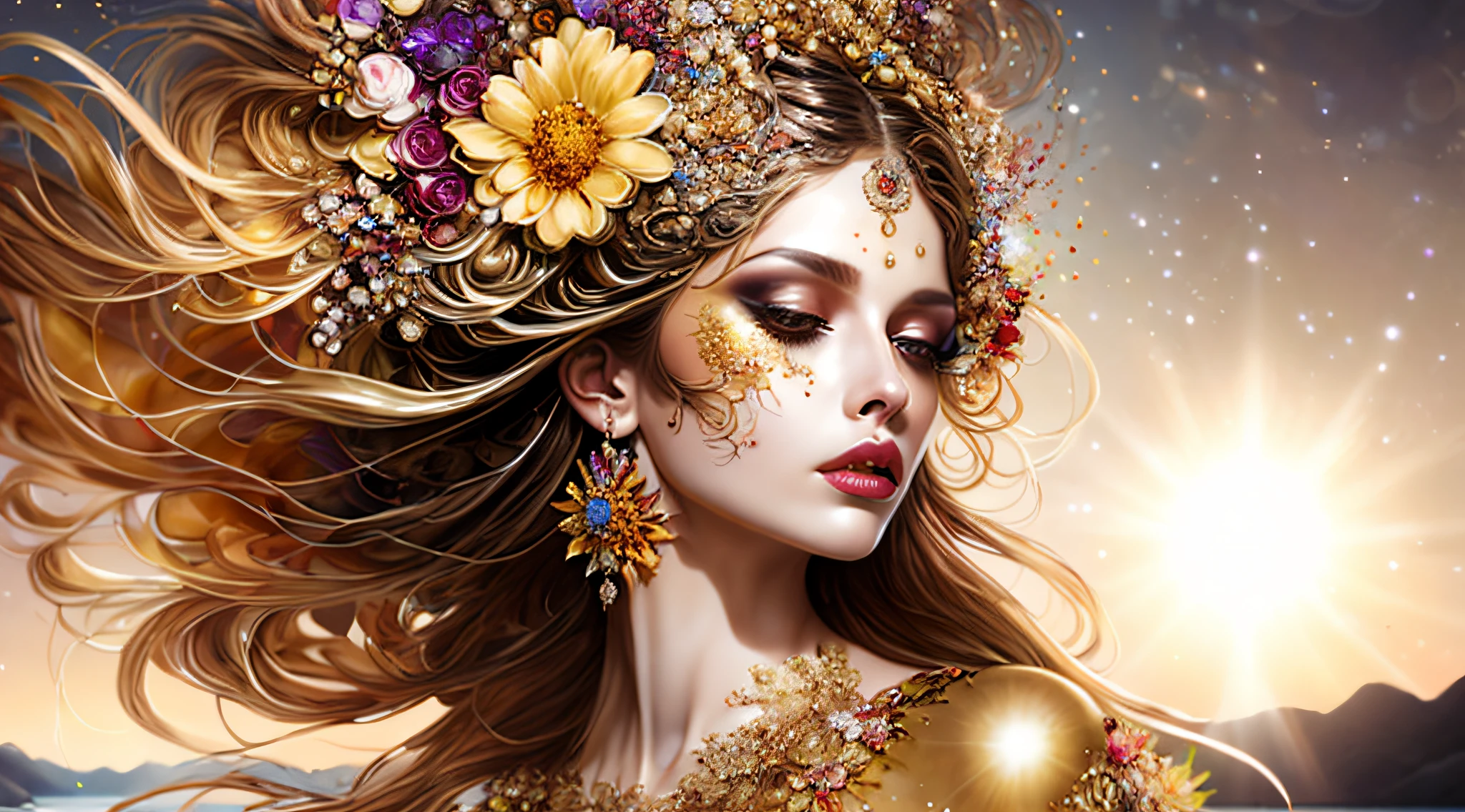 Foto (FractalWoman-Stil:1) Eine Frau in einem goldenen Kleid, mit Blumen im Haar, mit einer Sonne im Hintergrund