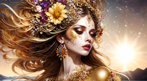 photo (FractalWoman style:1) a woman in a golden dress, with flowers in her hair, with a sun in the background