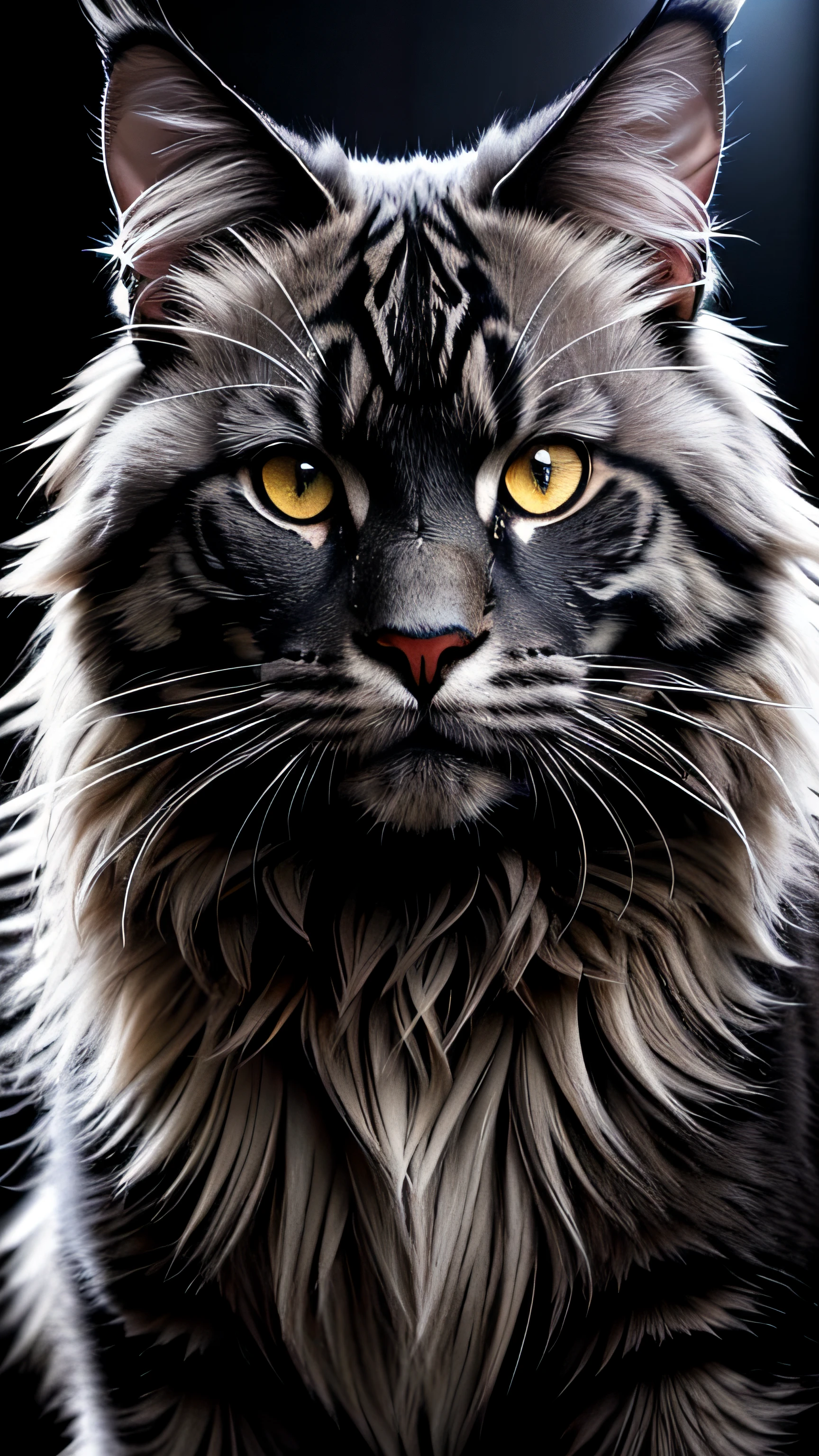 mainecoon aterrorizante, preto, bravo com olhar furioso, sombrio, aterrorizante, terror, imponente, obra-prima, melhor qualidade, cinematic lighthing, menacing stare, filme de terror, muitos detalhes, melhor qualidade, intimidador, cores escuras