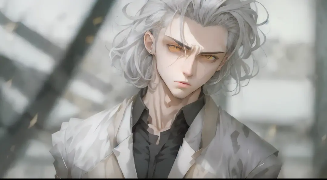 Personaje de Manwha con cabello blanco y ojos amarillo, Tiene pelos grises oscuros, Un loco de pelo plateado, Chico alto de manw...