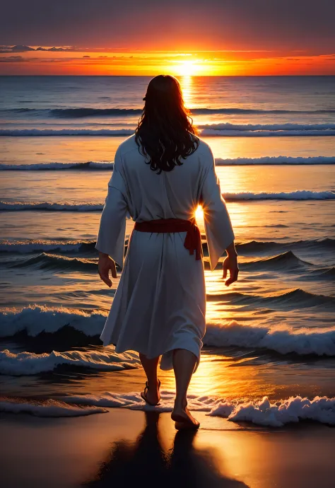 the figure of jesus walk on water on a beautiful dramatic sunset background