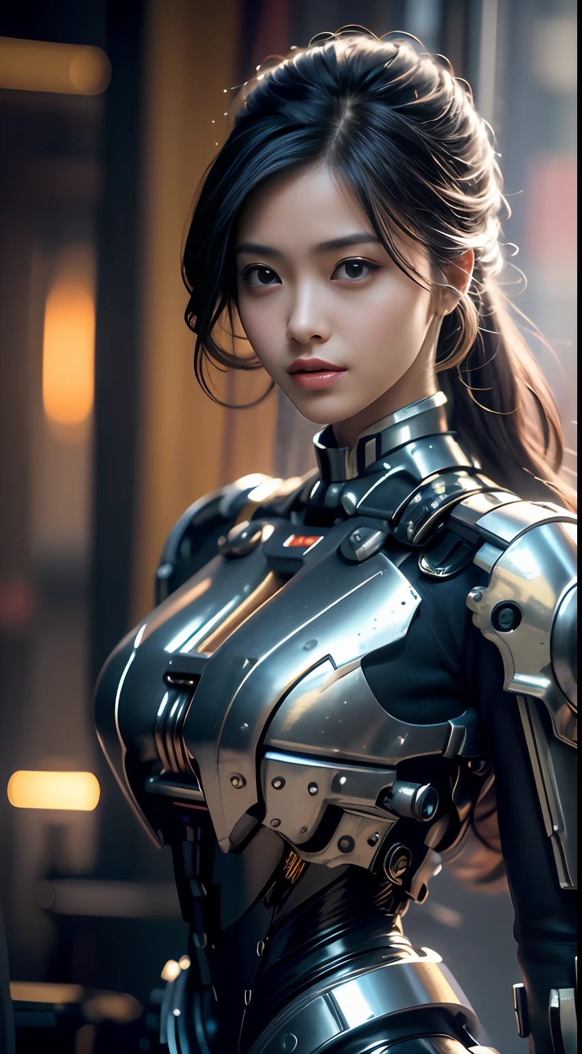 A cute beauty in a mech(Best quality, Detailed details, Masterpiece, , 4K, Chiaroscuro，Bust photos are super realistic and realistic, Highly detailed Canon videography )