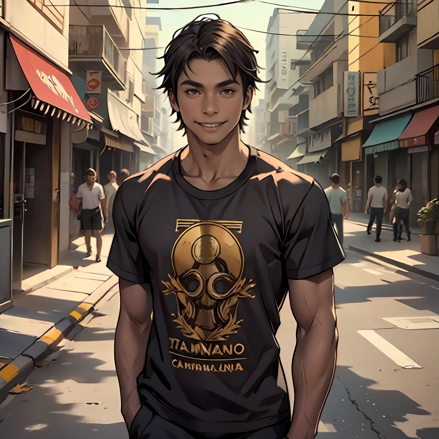 black t-shirt with gold ultra-realistic tight-fitting t-shirt, 16-year-old boy with brown cinnamon skin, toned athletic body straight hair,male serious thoughtful observer has a naked back black tight-fitting t-shirt walking, Smiling through the streets of a modern city, a Cernaco friend approaches him from behind and hugs him.