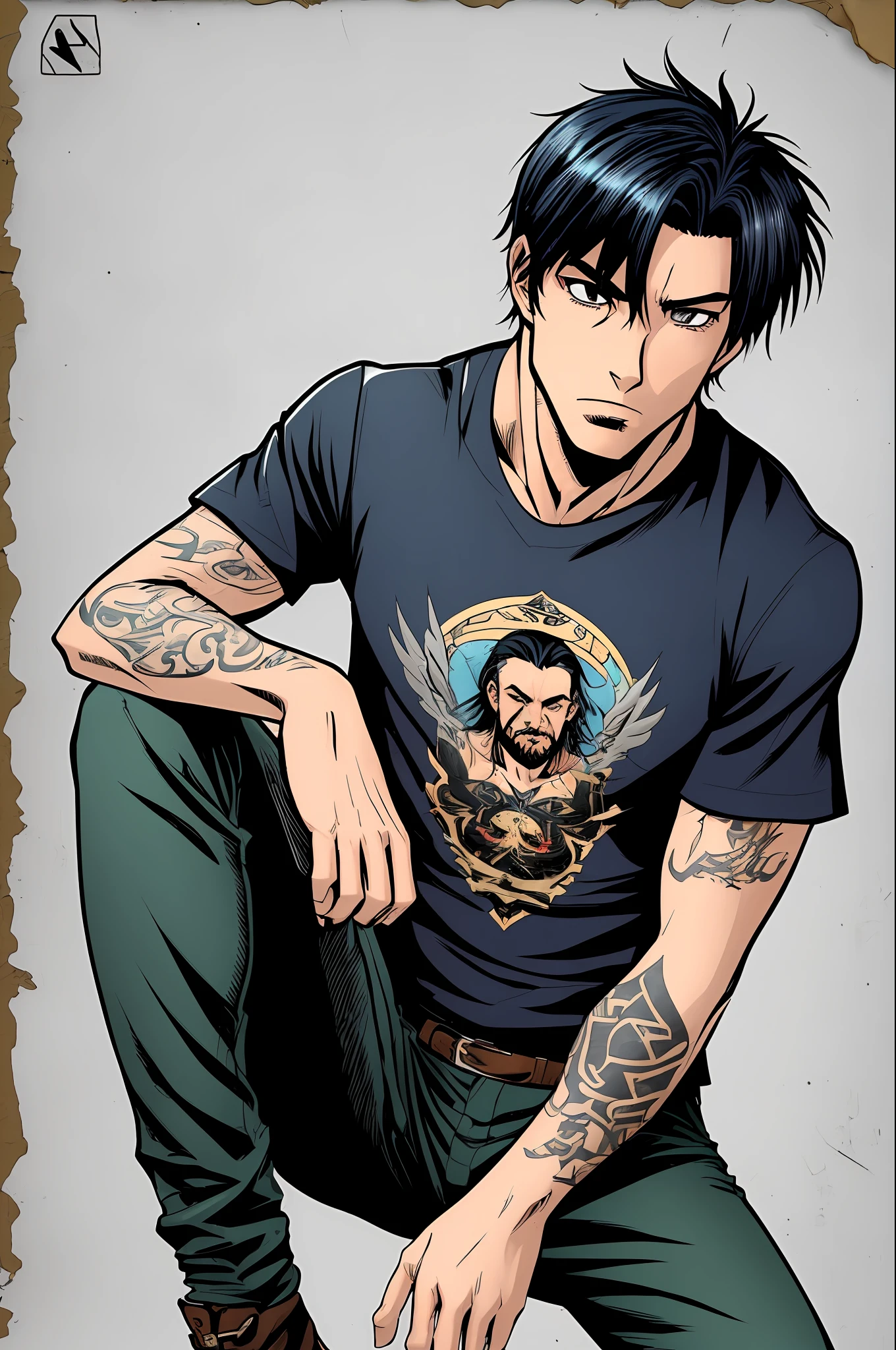 ((create very precision):1.5) A 20 years old skinny guy with black hair and a spiral neck tatoo, a shirt from black sabbath and skinny pants, full take, solo, (1 character:1.5) Comic book --auto --s2