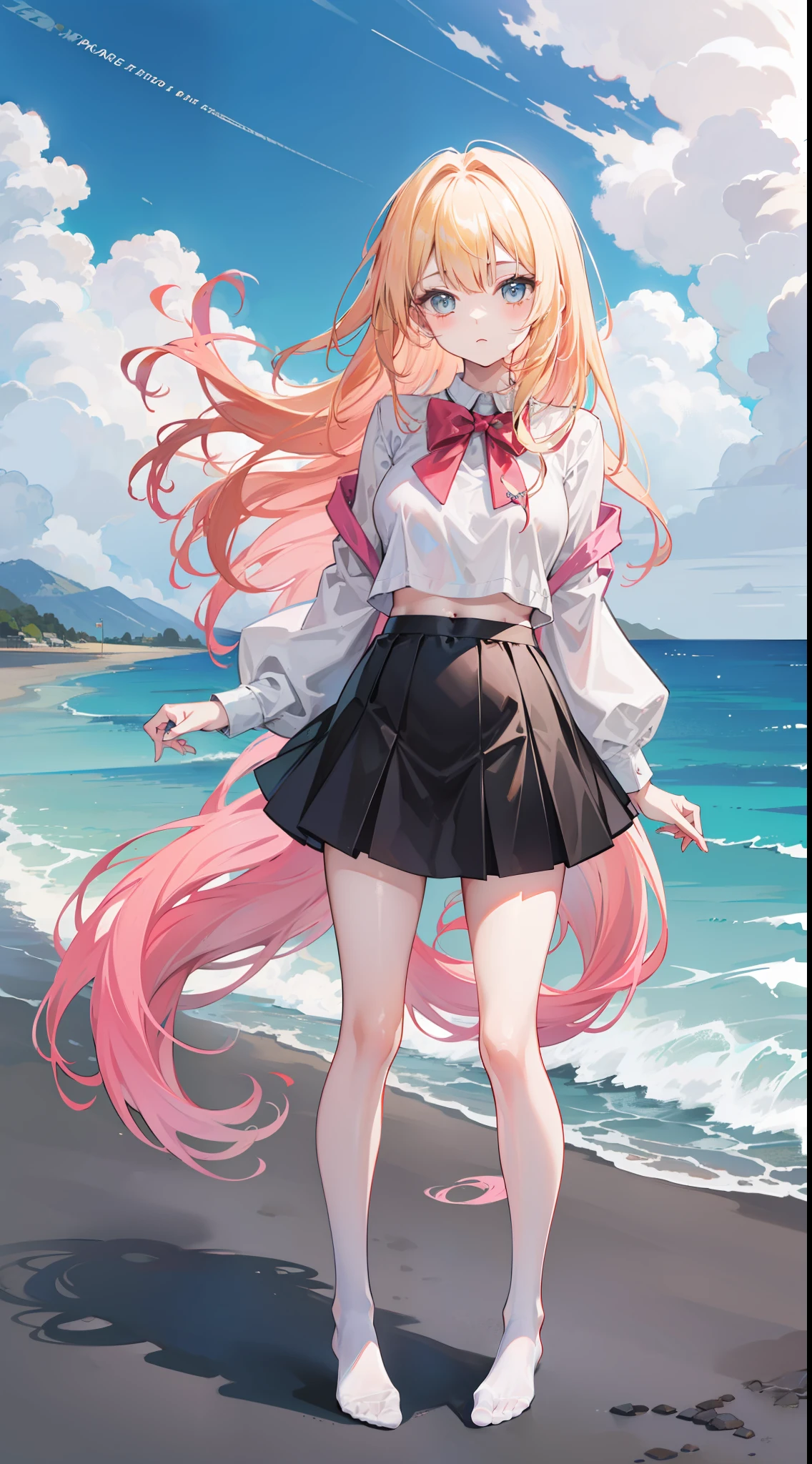 Masterpiece（（tmasterpiece）），（White color blouse），（（black micro skirt）），（Pink gradient stockings），adolable，is shy，（Long yellow）Hair，red bowtie，long leges，（Have by the sea），（Facing the sea），Open navel，No shoes on，（standing on your feet）